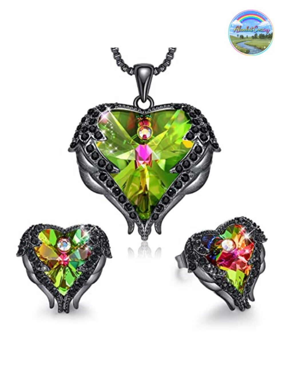 Crystal Angel Wing Heart Necklace & Earrings Set with Birthstone Pendant